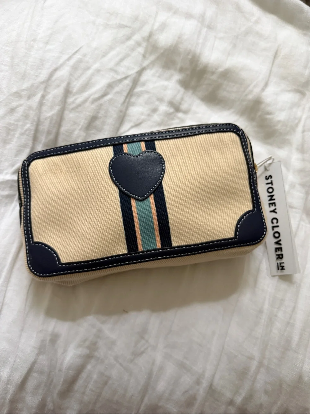 Stoney Clover Lane Beige Canvas Cosmetic Case with Navy Trim and Mint Stripe - Picture 4 of 4
